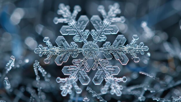 A snowflake is captured in a close up shot with its intricate details visible Concept of wonder and
