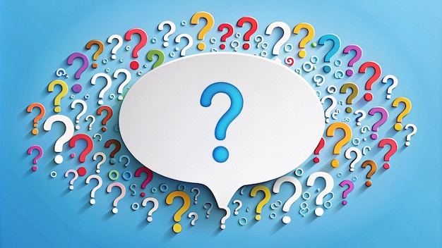 a speech bubble with question marks on it and a white paper with the word question