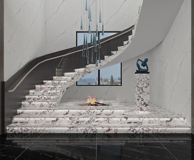 a staircase with a blue bird on it and a large mirror on the wall