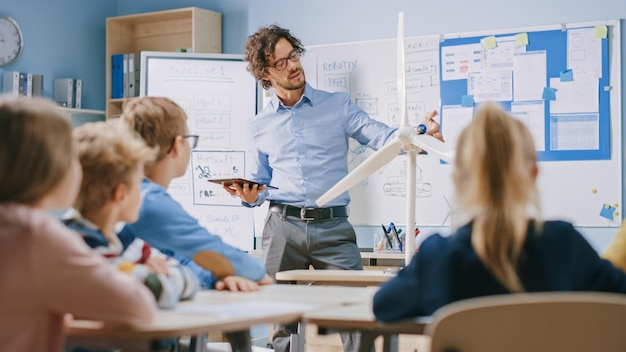 A teacher teaching a class with a teacher