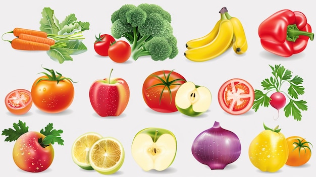 a variety of fruits and vegetables including bananas broccoli and bananas