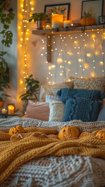 A warm and inviting bedroom decorated for Halloween featuring soft lighting pumpkinthemed pillows a