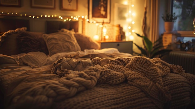 A warm and inviting cozy bedroom featuring plush bedding soft lighting and comfortable decor