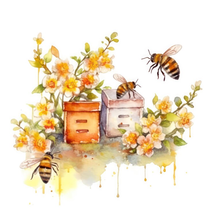 a watercolor painting of bees and flowers with a bucket with bees