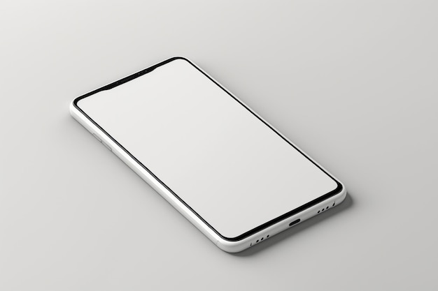 A white phone with a blank screen sits on a gray surface