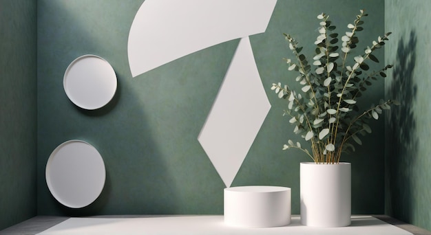 a white table with a vase with flowers on it