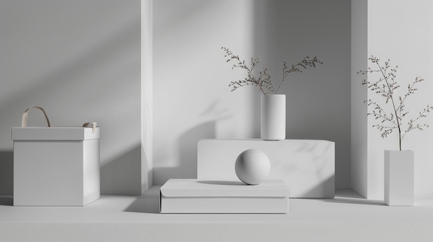 a white vase with a plant in it sits on a white table