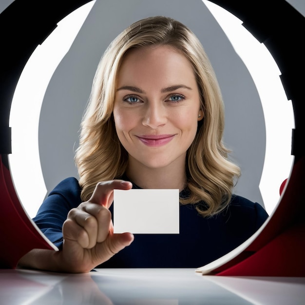 a woman is holding a white square in her hand