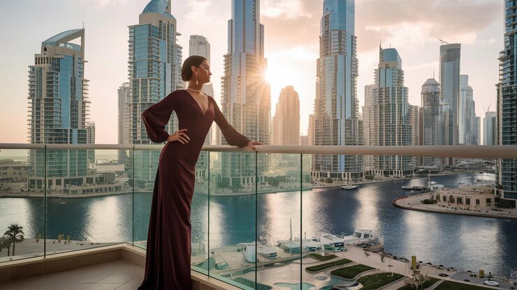 a woman stands on a balcony overlooking a city