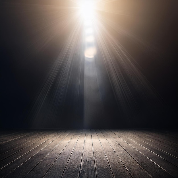 a wooden floor with a light shining through the clouds