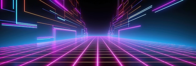 Abstract 1980's retrowave cyberpunk background with copy space neon perspective grid