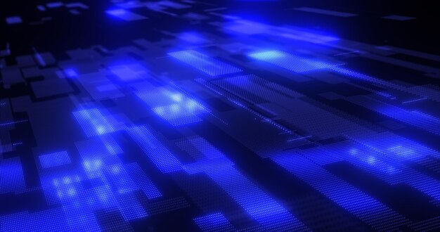 Abstract background blue from futuristic hitech rectangles of pixel particles flying with glow