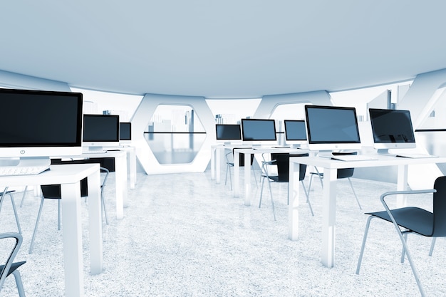Abstract Bright Office Interior with Work Places in blue key extreme closeup. 3d Rendering