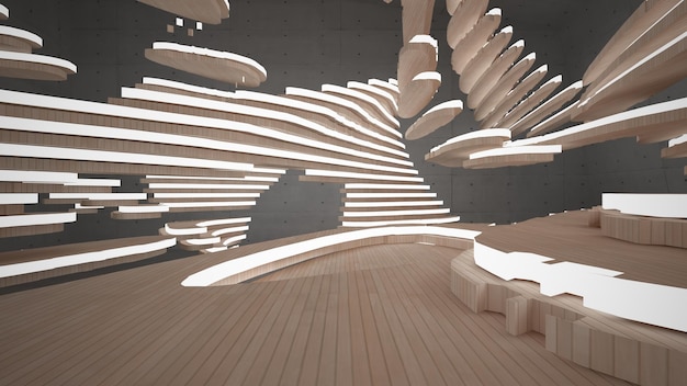 abstract concrete and wood parametric interior with window 3d illustration and rendering
