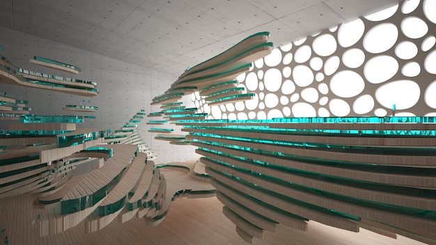 abstract concrete and wood parametric interior with window 3d illustration and rendering