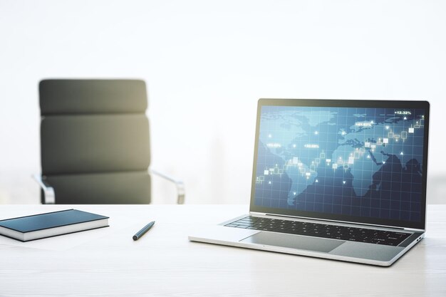 abstract creative financial graph with world map on modern laptop monitor forex and investment concept 3d rendering