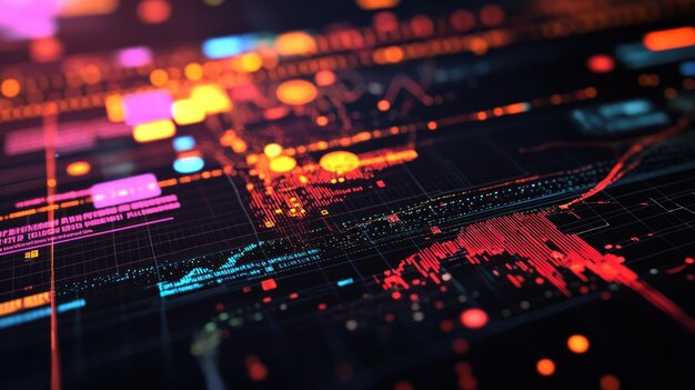 Abstract digital display with glowing lines and data