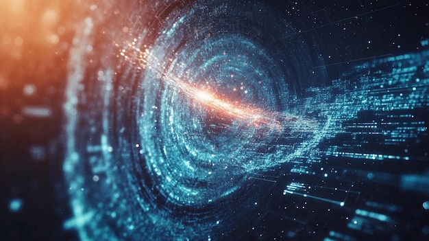 Abstract digital spiral tunnel with glowing particles and data streams