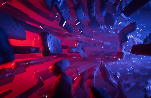 Abstract geometric background scifi construction of tube or space station blue red glowing light3d model and illustration