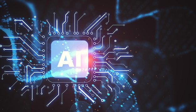 abstract glowing circuit ai hologram with dna on blurry background ai and science concept double exposure