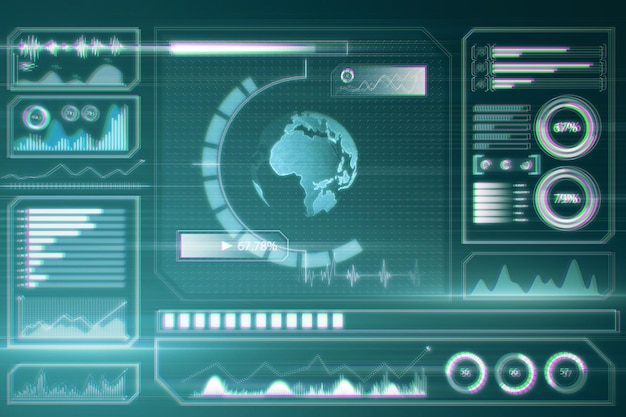 Abstract glowing digital business screen interface wallpaper with globe and charts Spy hud and world concept 3D Rendering