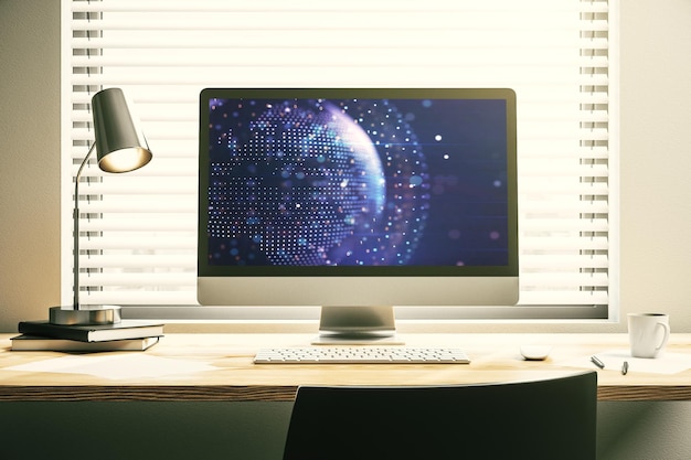 Abstract graphic world map on modern laptop screen connection and communication concept 3D Rendering