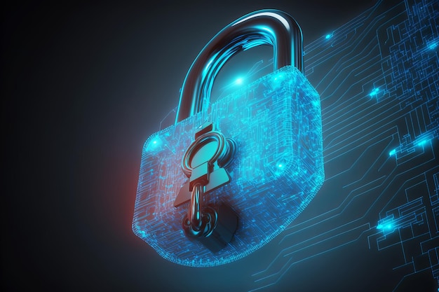 abstract holographic neon padlock cyber security symbol technology network data protection concept generative ai illustration