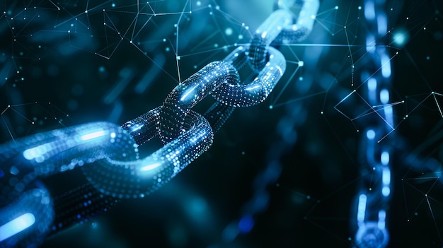 Abstract low poly wireframe of chain with blue glowing dots on dark background