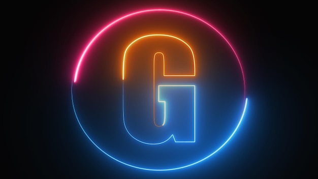 Abstract neon letter G logo design with fire circle Alphabet G glowing in the dark Line creative symbol Bright Neon Font text G Night Show Alphabet 3d Rendering Isolated on black background