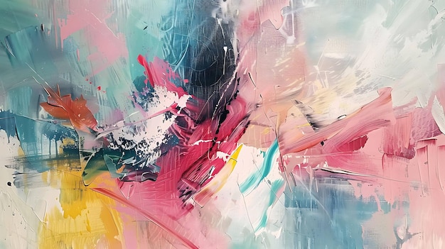 Abstract painting with bold strokes of pink blue yellow and white