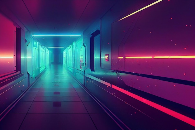 Abstract sci fi futuristic hallway dark room in space station with glowing neon lights background digital art design
