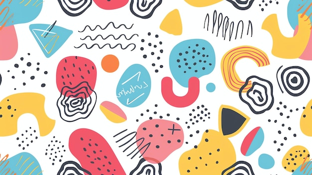Abstract seamless pattern with bright colorful shapes and doodles