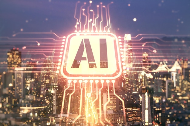 abstract virtual artificial intelligence symbol hologram on san francisco skyline background multiexposure