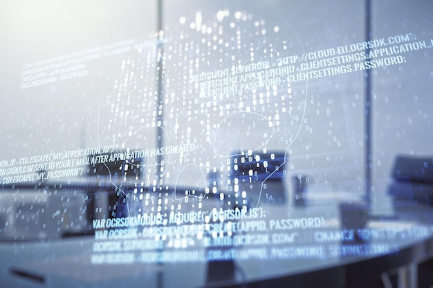Abstract virtual code skull hologram on a modern coworking room background cybercrime and hacking concept Multiexposure
