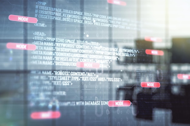 abstract virtual coding concept on a modern conference room background multiexposure
