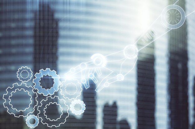 abstract virtual robotics technology hologram on office buildings background robot development and automation concept multiexposure