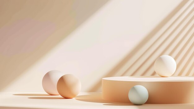Aesthetic white and beige podium with pastel matte spheres of different sizes Luxury Generative AI