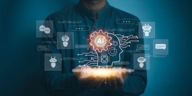 AI Artificial Intelligence and conversational chatbots businesses digital technology interact with applications including customer service sales and marketing and big data virtual screen