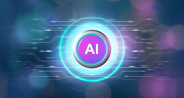 ai artificial intelligence concept power button glowing light isolated and electronic circuit pattern blurred on dark background 3d illustration