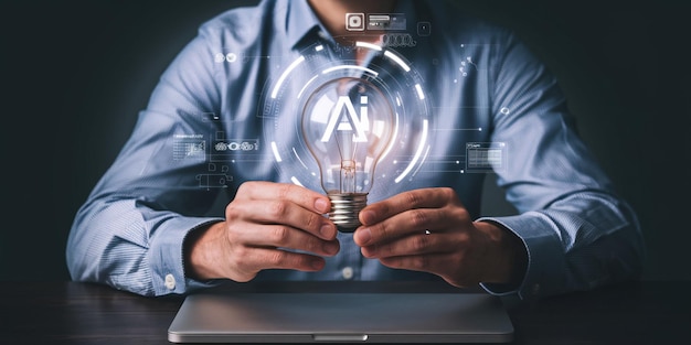 ai artificial intelligence technology concept businessman holding a glowing lightbulb with ai