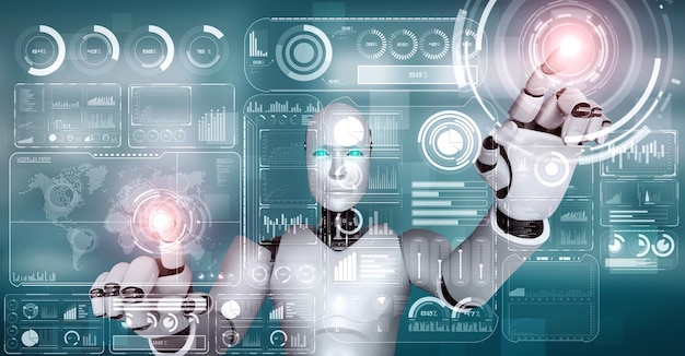 AI hominoid robot touching virtual hologram screen showing concept of big data