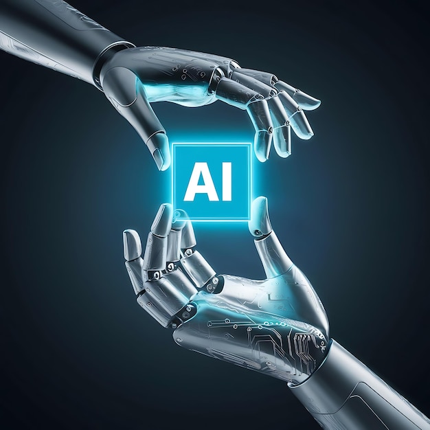 AI machine learning human and robot hands interacting massive amounts of data connected to s network