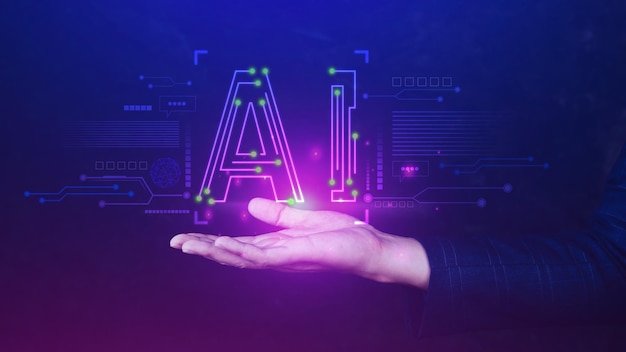 Ai tech Businessman using virtual graphic Global Internet connect Chatgpt Chat with AI Artificial Intelligence using command prompt for generates something Futuristic technology transformation