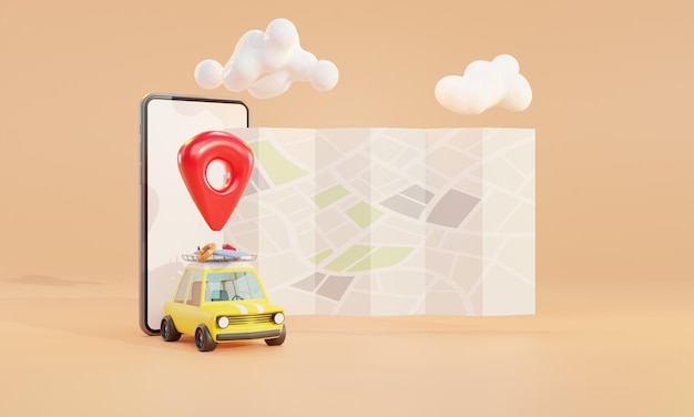 Akıllı telefonda haritalar araba navigasyonu, GPS nokta navigasyonu, seyahat yolu, 3D render