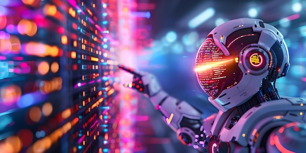 an android exploring digital world pointing at glowing coding interface concept technology android exploration coding interface digital world glowing tech
