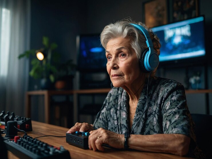 an elderly woman with olive skin and a classic updo Si_1