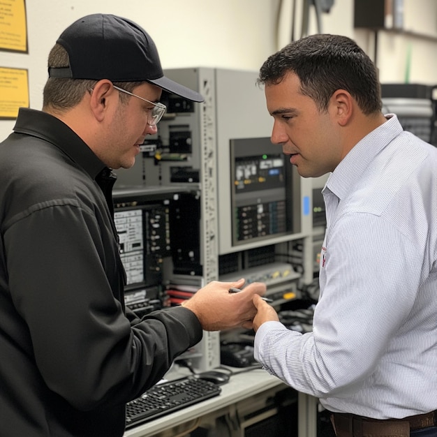 An expert technician explaining hardware diagnostics to a group of trainees