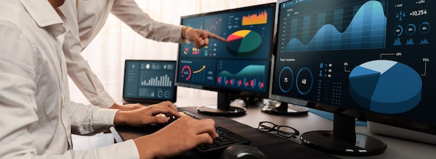 Analyst working on data analysis or BI dashboard on computer monitor Business team analyzing financial data by Fintech in corporate office for business marketing and strategy planning Trailblazing