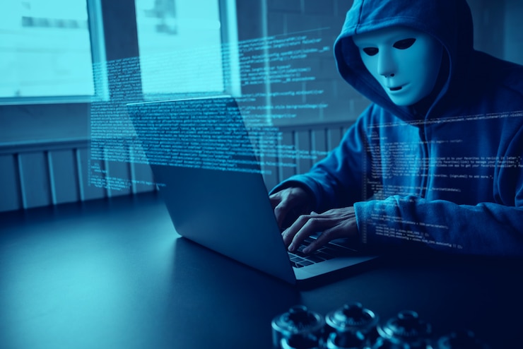 Fotoğraf asian people hacker wear a mask using a laptop cyber attack.
