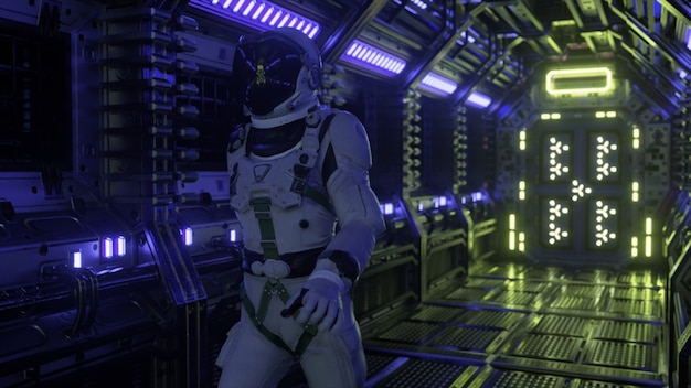 astronaut walking in spaceship tunnel, sci-fi shuttle corridor. futuristic abstract technology. technology and future concept. flashing light. 3d illustration